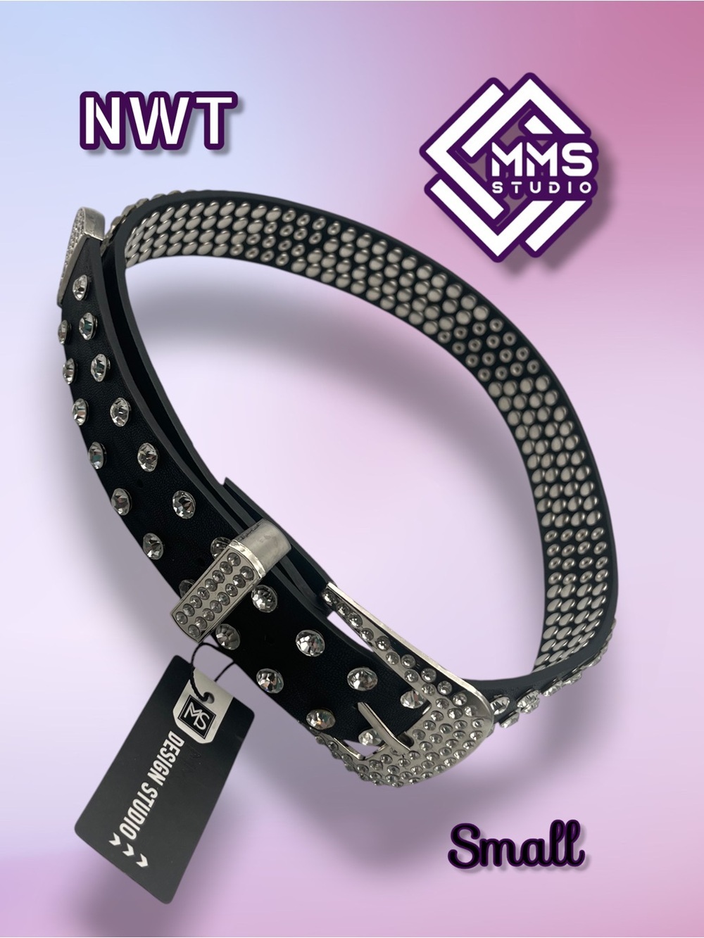 MMS Design Studio NWT Black Studded Rhinestone Belt Bling Women's Small Western